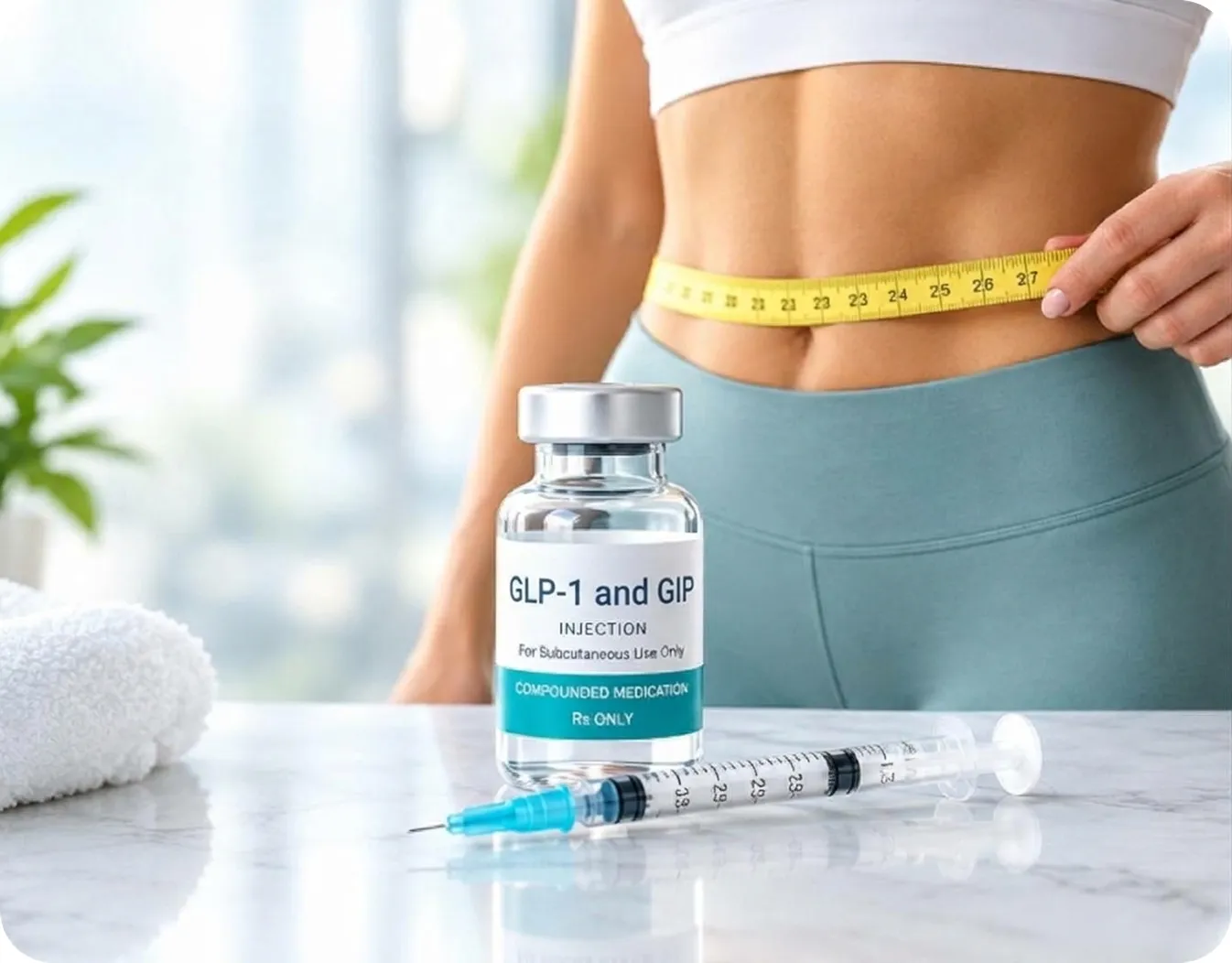 GLP-1 and GIP compounded injection vial and syringe in front of a woman measuring her waist