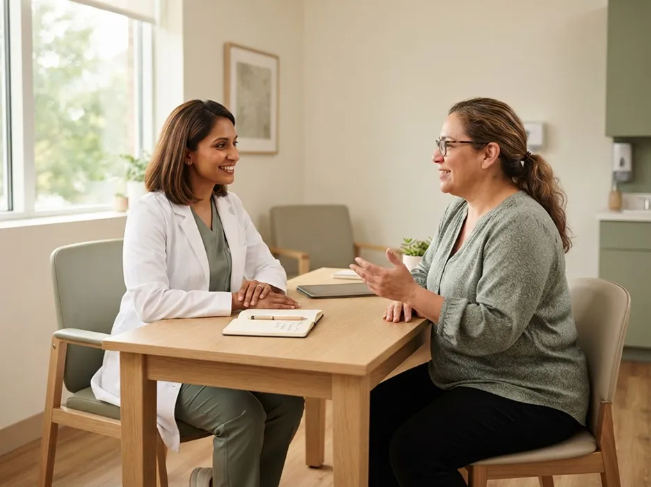 Provider talking with a patient at a consultation table