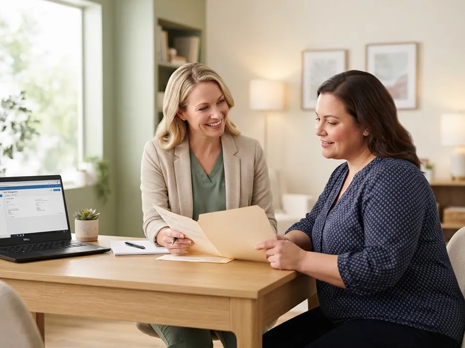 Staff member reviewing paperwork with a patient