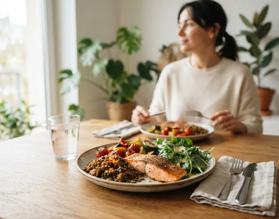 Woman eating a balanced meal of salmon and vegetables